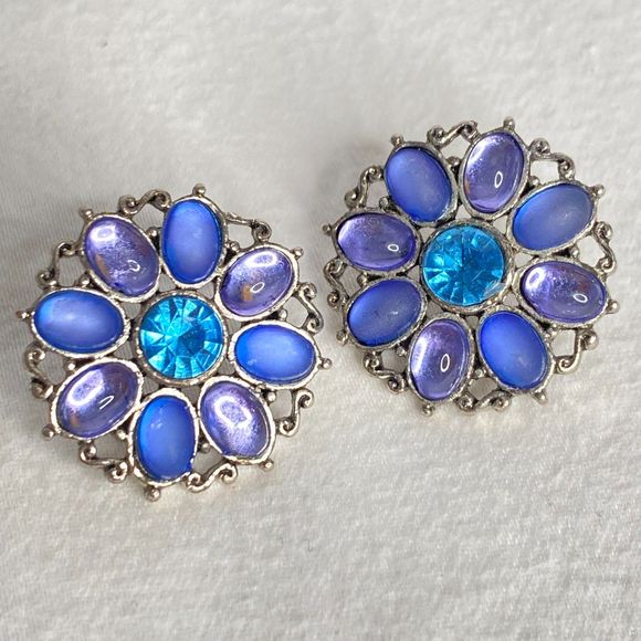 Button Stud Earrings Shades of Blue Purple Stones Oval Circling Aqua Round Stone - Picture 1 of 8